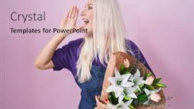  Presentation with hand holding flowers - PPT layouts having caucasian-woman-holding-bouquet background and a lemonade colored foreground