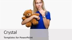  Presentation with sitting teddy bear isolated - Theme with caucasian woman holding cute teddy background and a white colored foreground