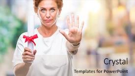  Presentation with certificate - Theme featuring caucasian woman holding degree certificate background and a soft green colored foreground