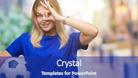  Presentation with soccer - Colorful presentation design enhanced with caucasian woman holding soccer ball backdrop and a royal blue colored foreground