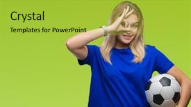  Presentation with soccer - Theme having caucasian woman holding soccer ball background and a yellow colored foreground