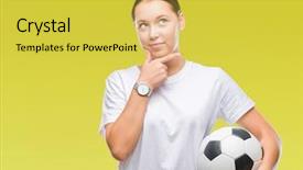  Presentation with brain thinking - Cool new PPT theme with caucasian woman holding soccer football backdrop and a  colored foreground