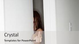  Presentation with open door policy health care - Colorful theme enhanced with caucasian woman in partially opened door making vulgar gesture at viewer backdrop and a light gray colored foreground