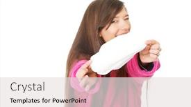  Presentation with crystal pink quartzs - Slide set consisting of caucasian woman in pink bathrobe with menstruation pad background and a light gray colored foreground