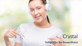  Presentation with happy music lovers - Cool new theme with caucasian woman listening to music backdrop and a  colored foreground