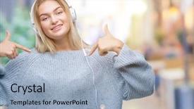  Presentation with listening woman - Slide deck with caucasian woman listening to music background and a  colored foreground