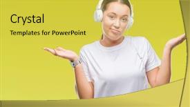  Presentation with woman hands raised to sky - Colorful slides enhanced with caucasian woman listening to music backdrop and a  colored foreground