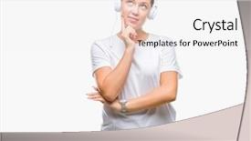  Presentation with listening woman - Slide deck with caucasian woman listening to music background and a  colored foreground