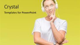  Presentation with listening woman - Audience pleasing theme consisting of caucasian woman listening to music backdrop and a  colored foreground