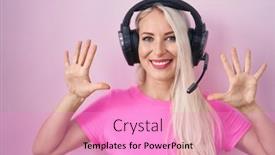  Presentation with listening woman - Presentation design having caucasian-woman-listening-to-music background and a lilac colored foreground