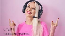  Presentation with rock star - Presentation design consisting of caucasian-woman-listening-to-music background and a coral colored foreground