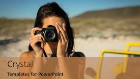  Presentation with summer holiday - Slide deck with caucasian-woman-next-to-beach background and a coral colored foreground