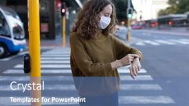  Presentation with pedestrian crossing - Beautiful PPT theme featuring caucasian-woman-out backdrop and a ocean colored foreground