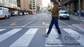  Presentation with pedestrian crossing - Beautiful slide deck featuring caucasian-woman-out backdrop and a seafoam green colored foreground