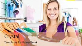  Presentation with clothes shop - Beautiful presentation theme featuring caucasian woman selecting item in a clothes shop backdrop and a coral colored foreground