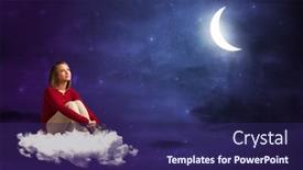 Presentation with cloud - Presentation theme consisting of caucasian woman sitting and wondering on a white cloud under the moonshine background and a navy blue colored foreground