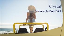  Presentation with summer holiday - Theme with caucasian-woman-sitting-on-beach background and a sky blue colored foreground