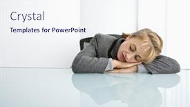  Presentation with sleeping - Slide set featuring caucasian woman sleeping on desk with head on hands background and a sky blue colored foreground
