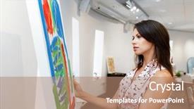  Presentation with art gallery - PPT layouts enhanced with caucasian woman standing in art background and a coral colored foreground