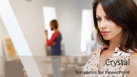  Presentation with art gallery - PPT theme consisting of caucasian woman standing in art background and a  colored foreground