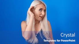  Presentation with hearing - PPT layouts consisting of caucasian-woman-standing-over-blue background and a ocean colored foreground