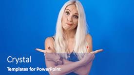  Presentation with direction - Presentation theme having caucasian-woman-standing-over-blue background and a ocean colored foreground