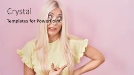  Presentation with forefinger - Theme enhanced with caucasian-woman-standing-over-pink background and a lemonade colored foreground