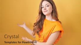  Presentation with yellow - Slide set featuring caucasian-woman-standing-over-yellow background and a gold colored foreground