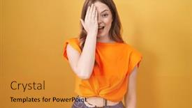  Presentation with emotion - Slide deck consisting of caucasian-woman-standing-over-yellow background and a gold colored foreground