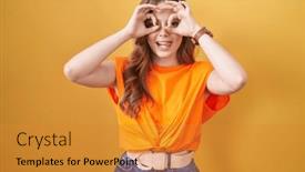  Presentation with tongue - Presentation design consisting of caucasian-woman-standing-over-yellow background and a gold colored foreground