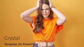  Presentation with migraine - Presentation theme enhanced with caucasian-woman-standing-over-yellow background and a gold colored foreground