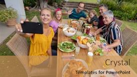  Presentation with independence - Audience pleasing slide set consisting of caucasian-woman-taking-selfie backdrop and a yellow colored foreground