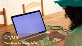  Presentation with computer - Slide set enhanced with caucasian-woman-using-computer-dressed background and a tawny brown colored foreground