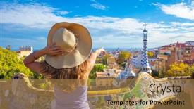  Presentation with spain - Presentation design enhanced with caucasian-woman-visiting-barcelona-city background and a gold colored foreground