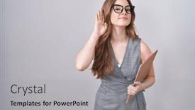  Presentation with hearing - Presentation theme featuring caucasian-woman-wearing-glasses background and a light gray colored foreground