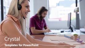  Presentation with social distancing - Audience pleasing presentation theme consisting of caucasian-woman-wearing-phone-headset backdrop and a coral colored foreground
