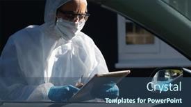  Presentation with face mask - Amazing slide set having caucasian-woman-wearing-safety-uniform backdrop and a ocean colored foreground