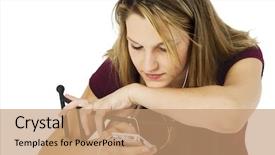  Presentation with audio - Amazing slide deck having attractive 25 year old caucasian woman with digital audio device over white with clipping path backdrop and a coral colored foreground