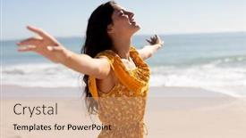  Presentation with sky blue and golden yellow - Cool new PPT theme with caucasian-woman-with-long-dark backdrop and a coral colored foreground