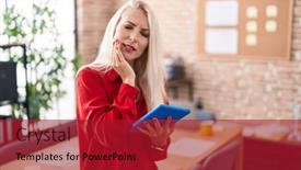  Presentation with dental office - PPT layouts featuring caucasian-woman-working background and a crimson colored foreground