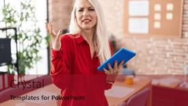 Presentation with frustration - Presentation design having caucasian-woman-working background and a crimson colored foreground