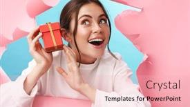  Presentation with box - Colorful PPT theme enhanced with caucasian-young-attractive-woman-smiling backdrop and a lemonade colored foreground