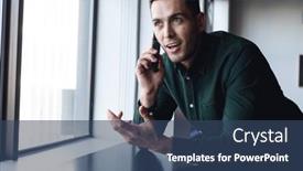  Presentation with wireless communication - Slides featuring caucasian-young-businessman-gesturing background and a ocean colored foreground