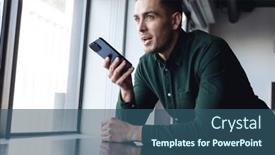  Presentation with recognition - Presentation enhanced with caucasian-young-businessman-talking background and a ocean colored foreground