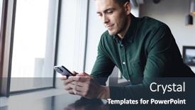  Presentation with wireless communication - Slide deck featuring caucasian-young-businessman-text-messaging background and a tawny brown colored foreground