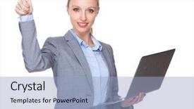  Presentation with laptop - Cool new theme with caucasian young businesswoman hold with laptop computer and thumb up backdrop and a light blue colored foreground