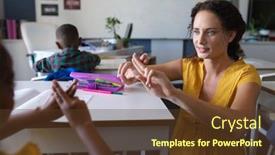 Presentation with american sign language - Presentation theme featuring caucasian-young-female-teacher-talking background and a tawny brown colored foreground