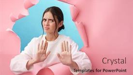  Presentation with stop - PPT theme consisting of caucasian-young-strict-woman-frowning background and a coral colored foreground