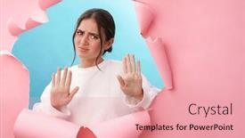  Presentation with stop - Slide deck with caucasian-young-strict-woman-frowning background and a lemonade colored foreground