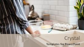  Presentation with pancake - Amazing PPT layouts having caucasian-young-woman-making-pancake backdrop and a soft green colored foreground